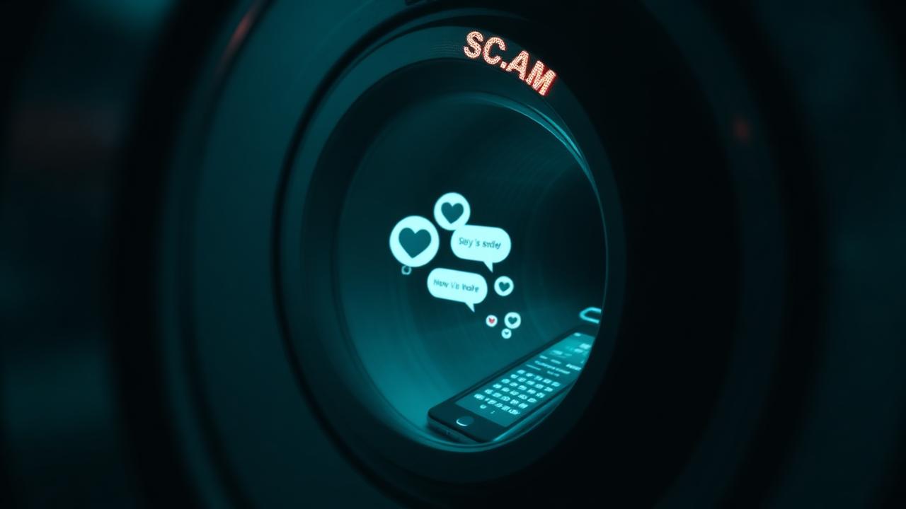 Pig-butchering scam funnel: phone with chat bubbles narrowing into a vault