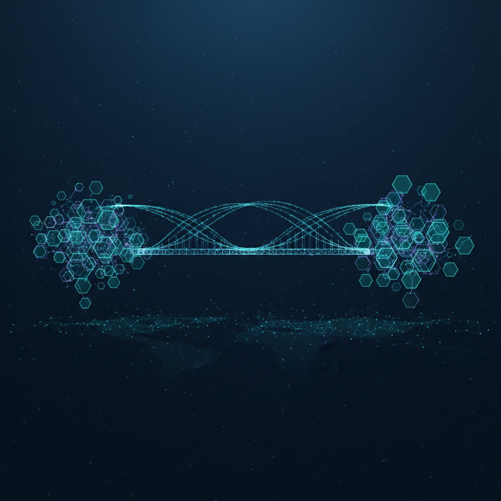 Abstract visualization of cross-chain bridges connecting blockchain networks