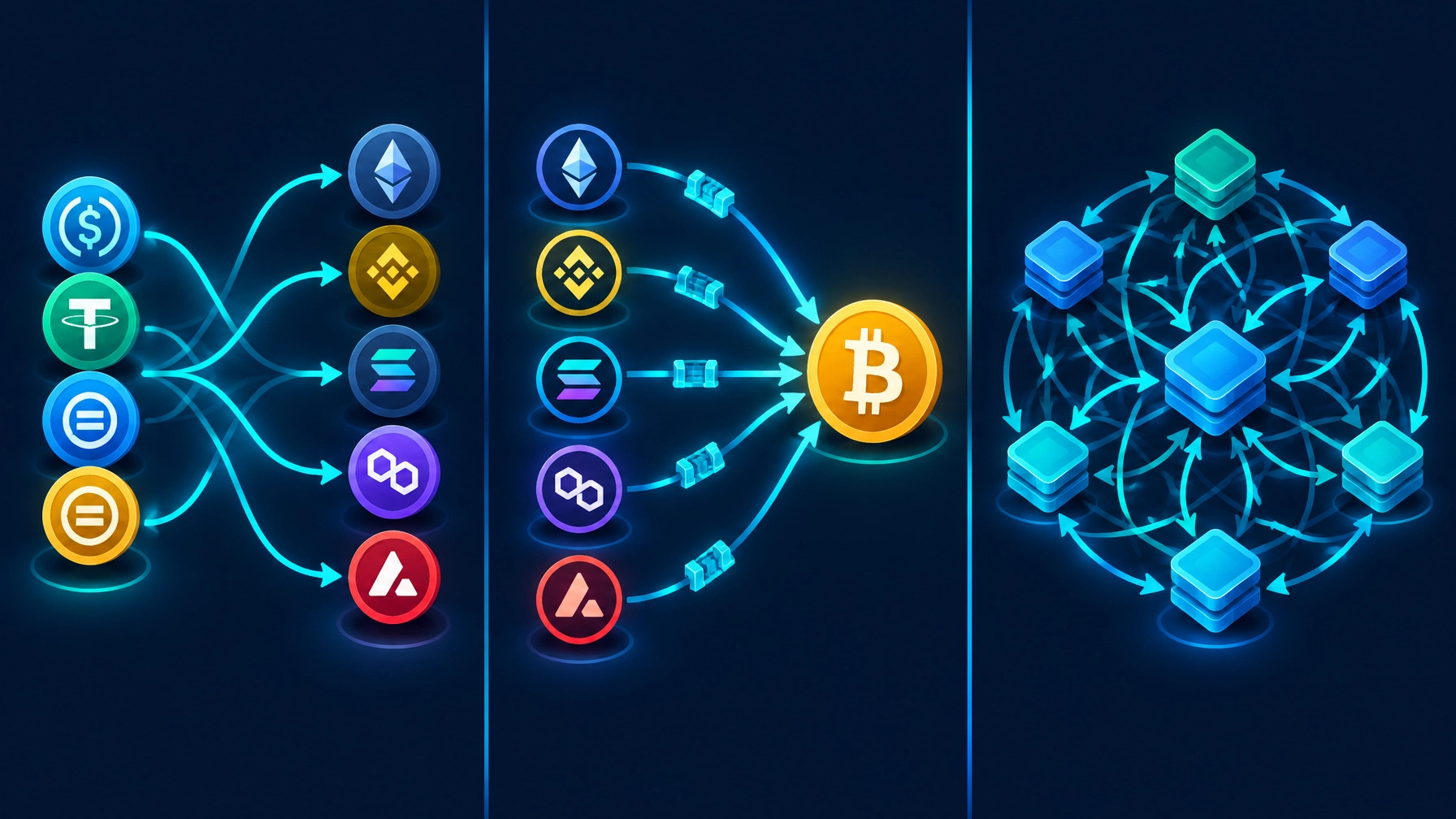 Three-stage laundering path: stablecoins converted to native assets, consolidated cross-chain into Bitcoin, then moved through CoinJoin