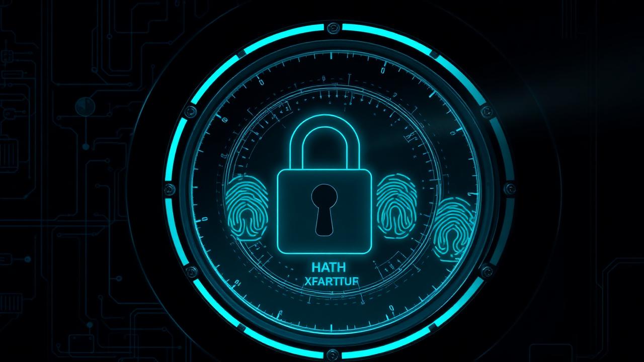 Digital evidence vault with hash fingerprints and teal lock visualization