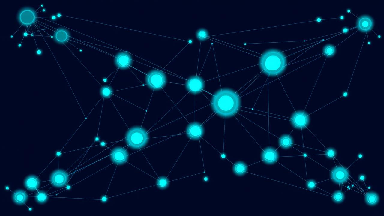 Abstract cross-chain blockchain network diagram in dark navy and teal