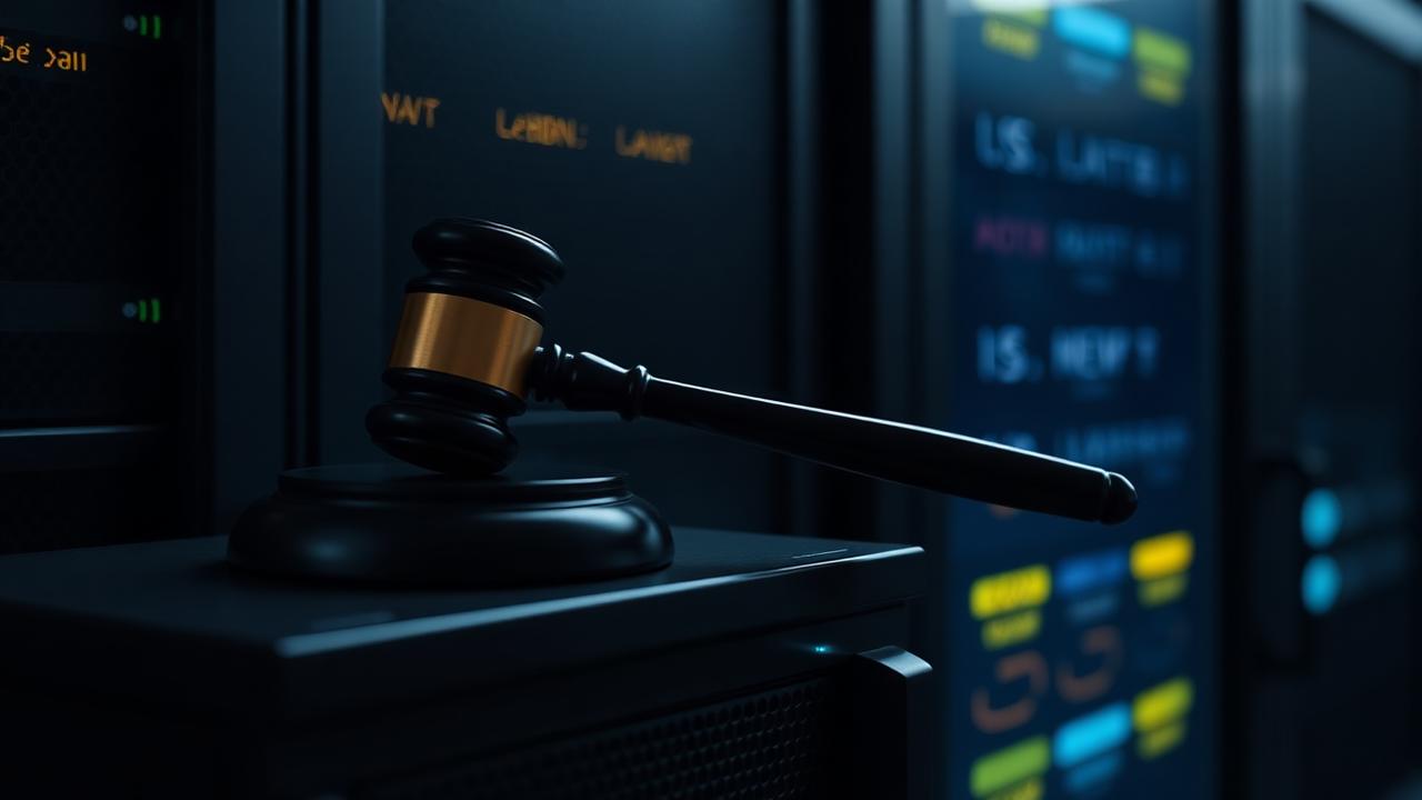 Judge's gavel atop a sealed court order beside a glowing exchange server rack