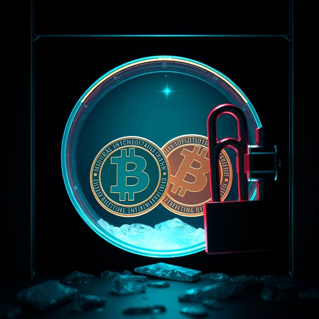 Stablecoin tokens locked inside a glowing digital freeze vault with a padlock