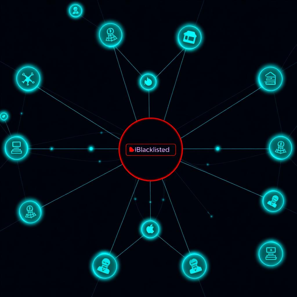 Blockchain network visualization with a central blacklisted address connected to exchanges and smart contracts