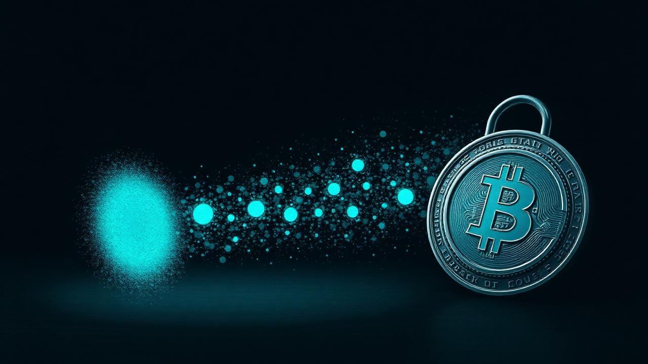 Illustration of random noise collapsing into a small set of predictable values beside a bitcoin key symbol