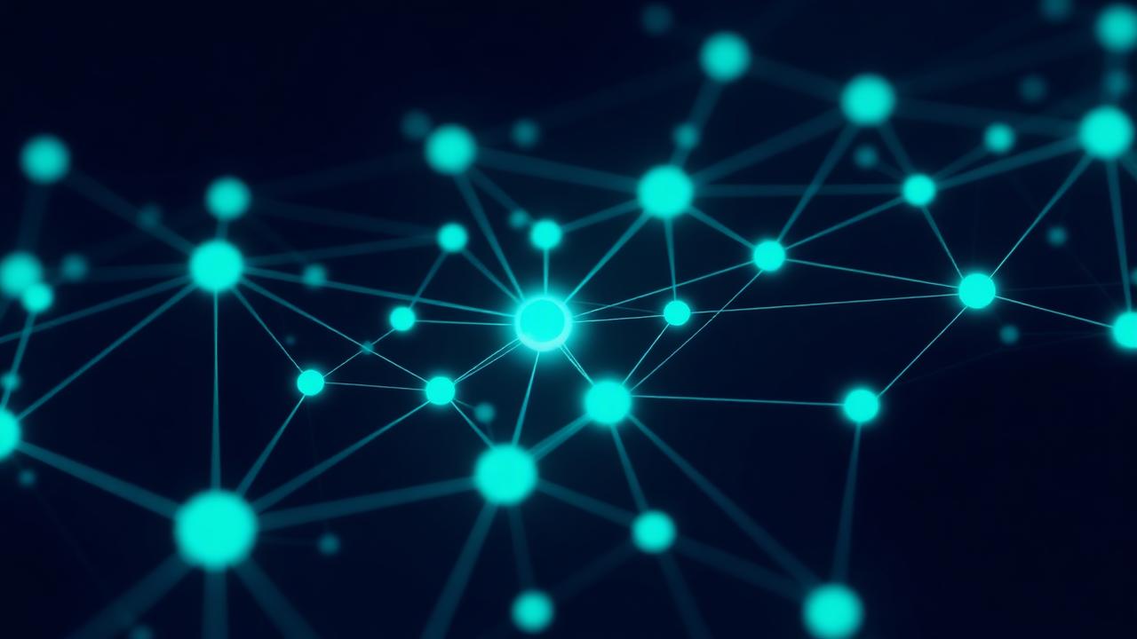 Digital network visualization with glowing nodes representing blockchain transactions