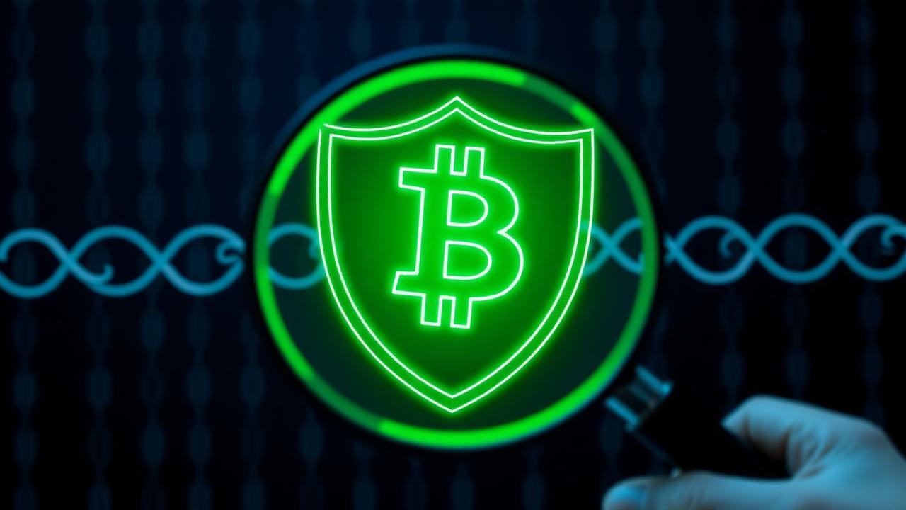 Glowing Bitcoin shield viewed through a magnifying glass against a chain-link background