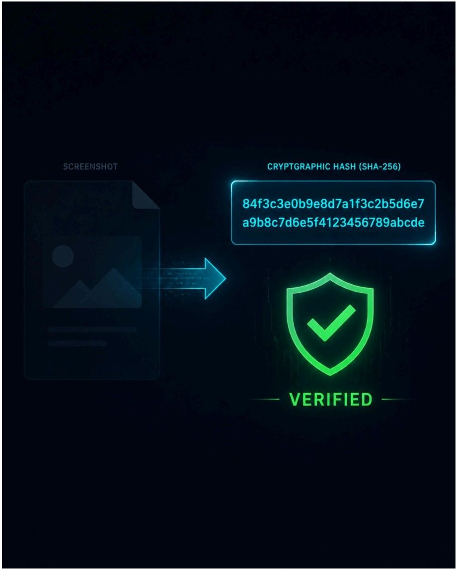 Diagram showing a screenshot being converted into a cryptographic hash and verified