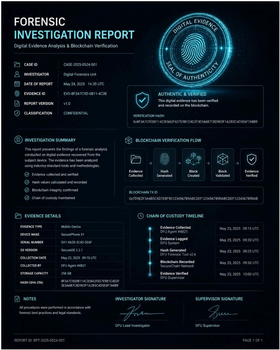Forensic investigation report on a desk with blockchain transaction visualizations