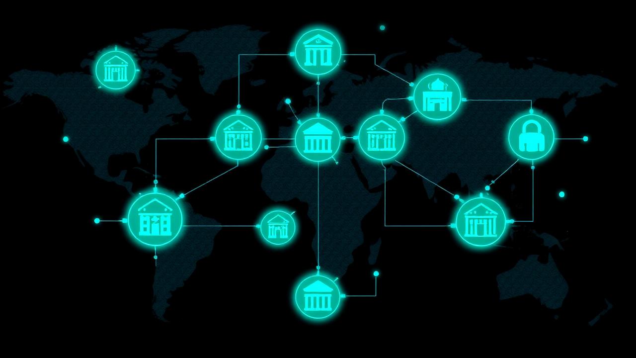 Jurisdiction matrix diagram of exchanges, custodians, and banks connected across a world map