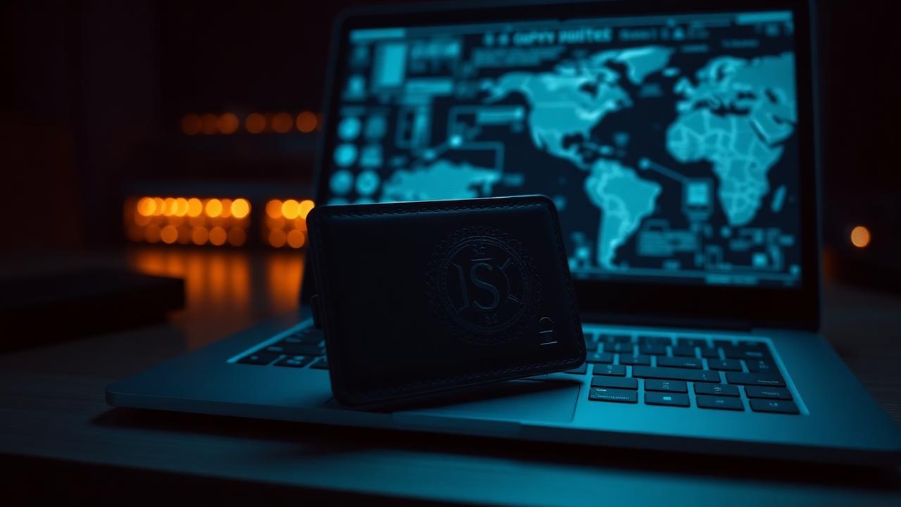 Hardware wallet sitting on a laptop displaying a blueprint-style forensic imaging interface