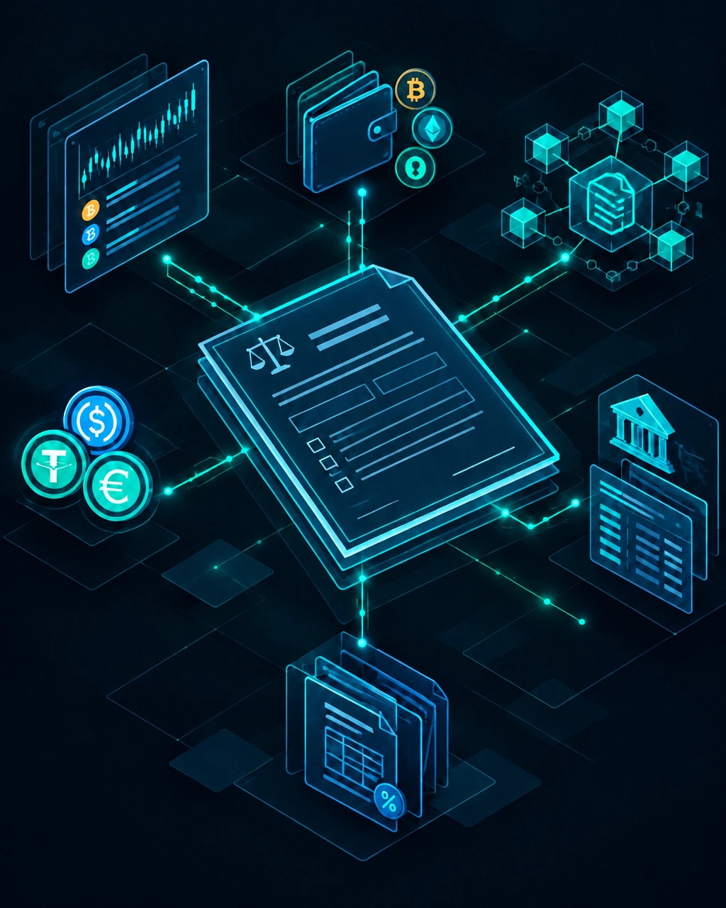Diagram of cryptocurrency custody structures: exchange accounts, self-custody wallets, DeFi positions, and stablecoins
