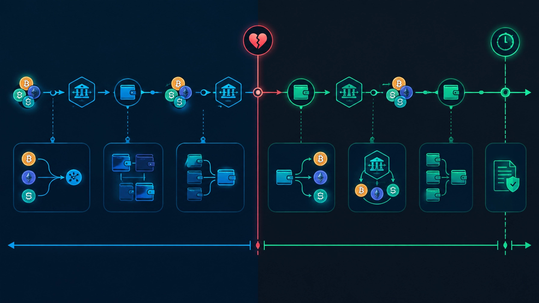 Blockchain forensic timeline chart showing wallet activity before and after a separation date