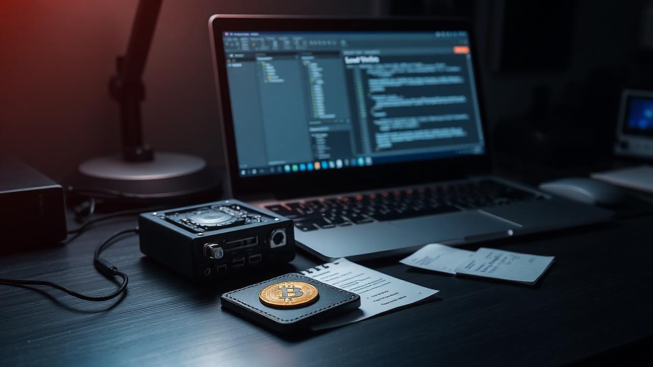 Forensic workstation with hardware crypto wallet device, laptop and seed phrase notes