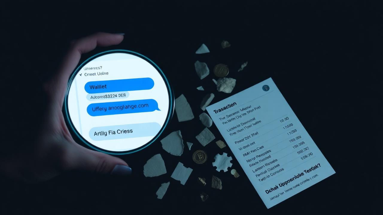 Magnifier over scattered evidence: wallet address, chat screenshot, and transaction hash printout
