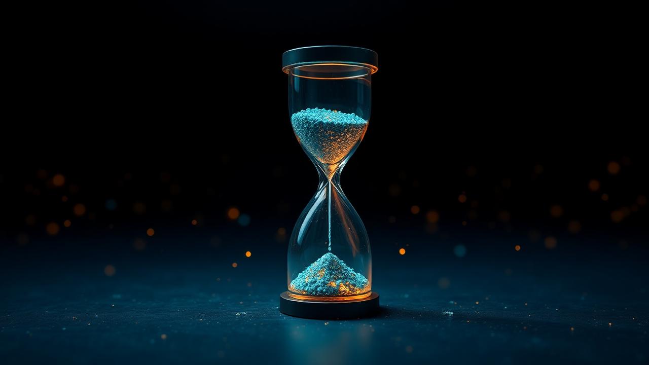 Hourglass with glowing blockchain transactions escaping as the sand falls