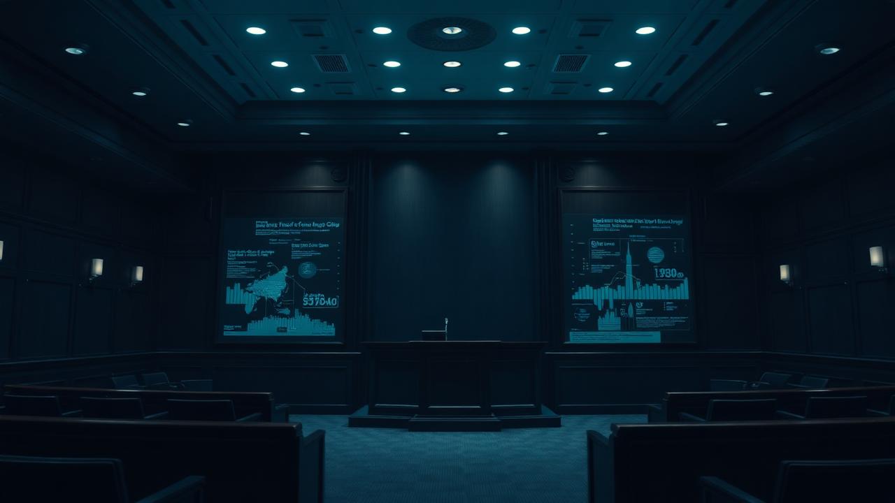 Dark professional courtroom interior with data overlay