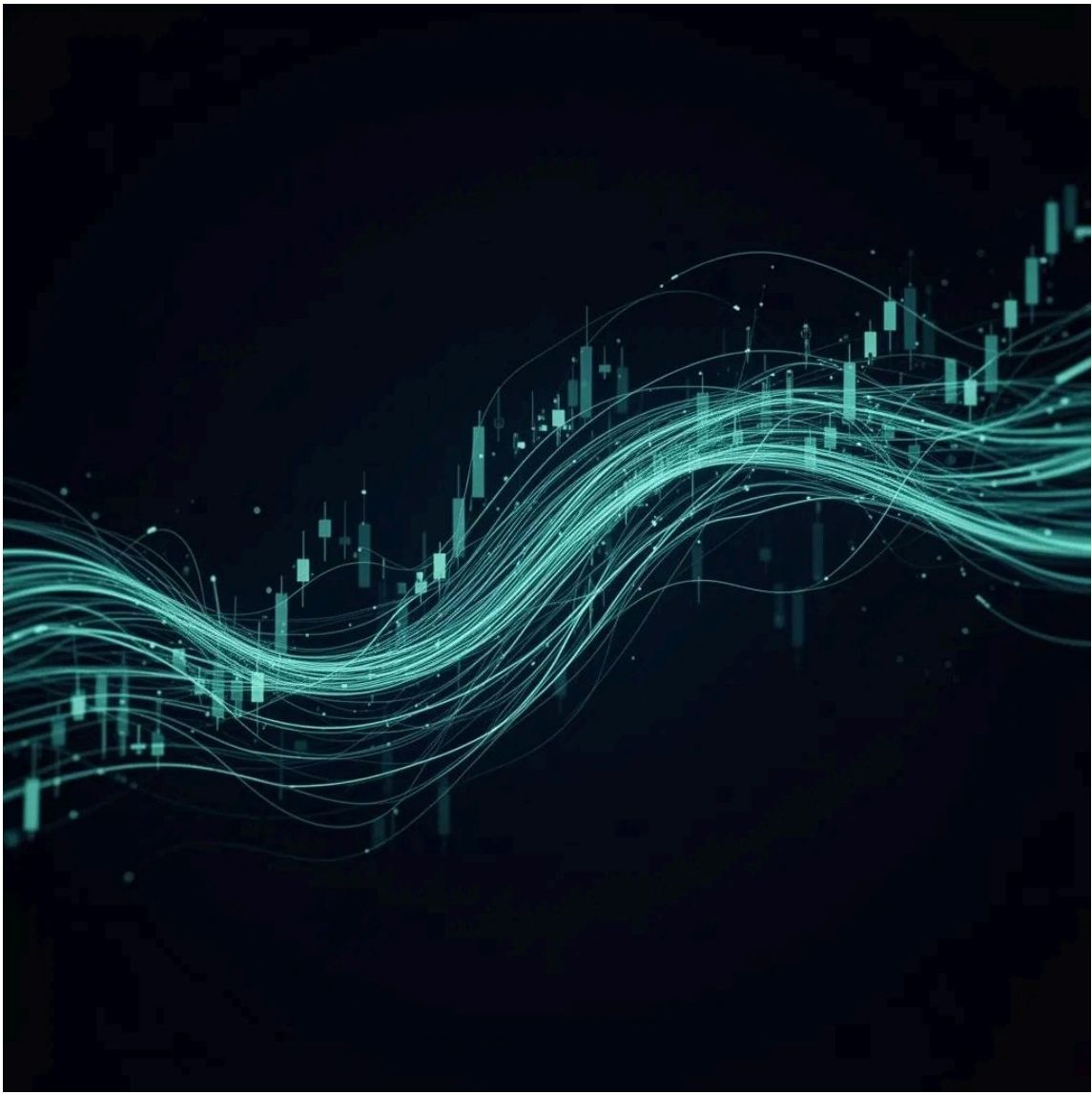 Abstract digital graphic with flowing lines and candlestick chart elements