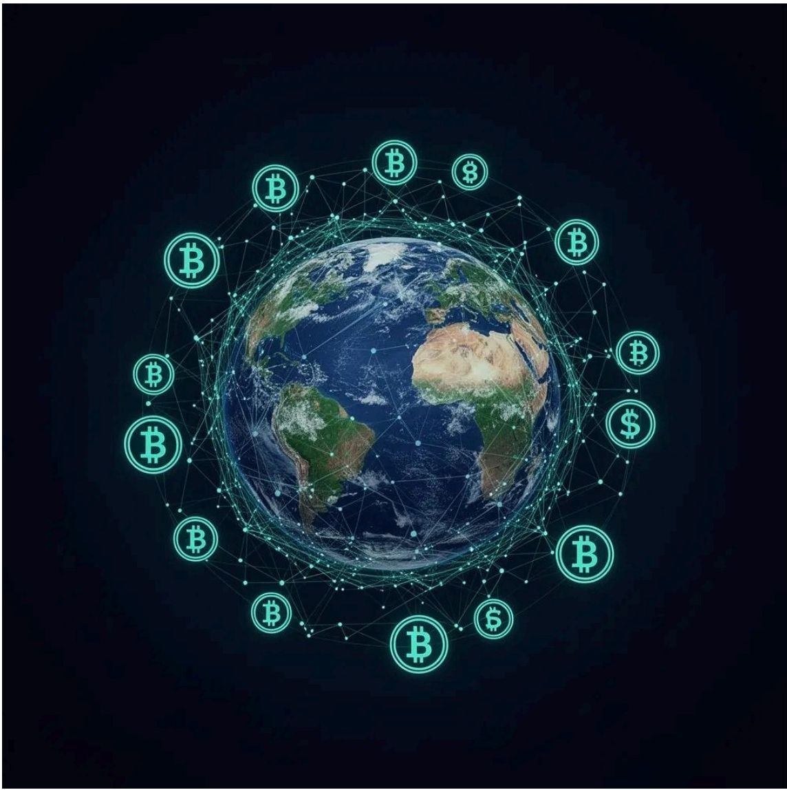 Illustration of the Earth surrounded by a network of glowing nodes and cryptocurrency symbols