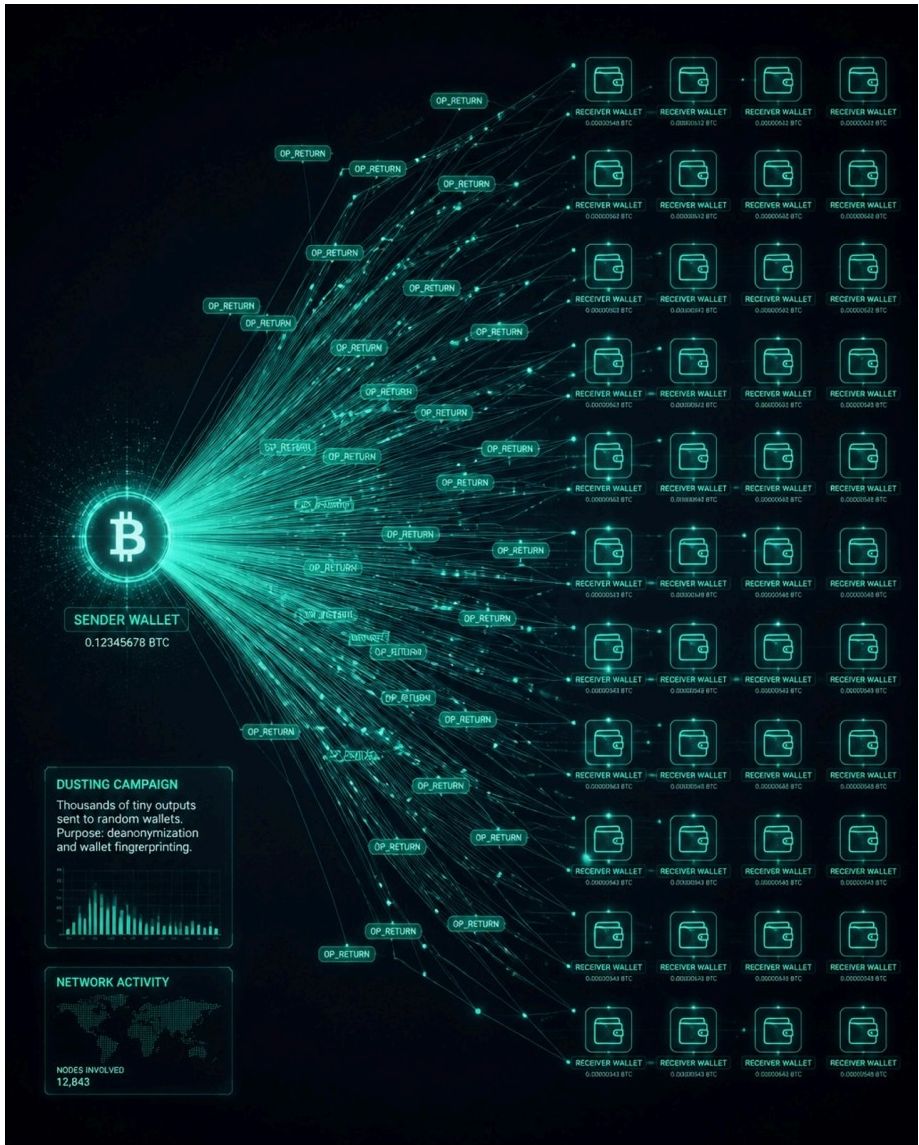 Diagram of a Bitcoin dusting campaign with one sender distributing tiny amounts to many addresses via OP_RETURN