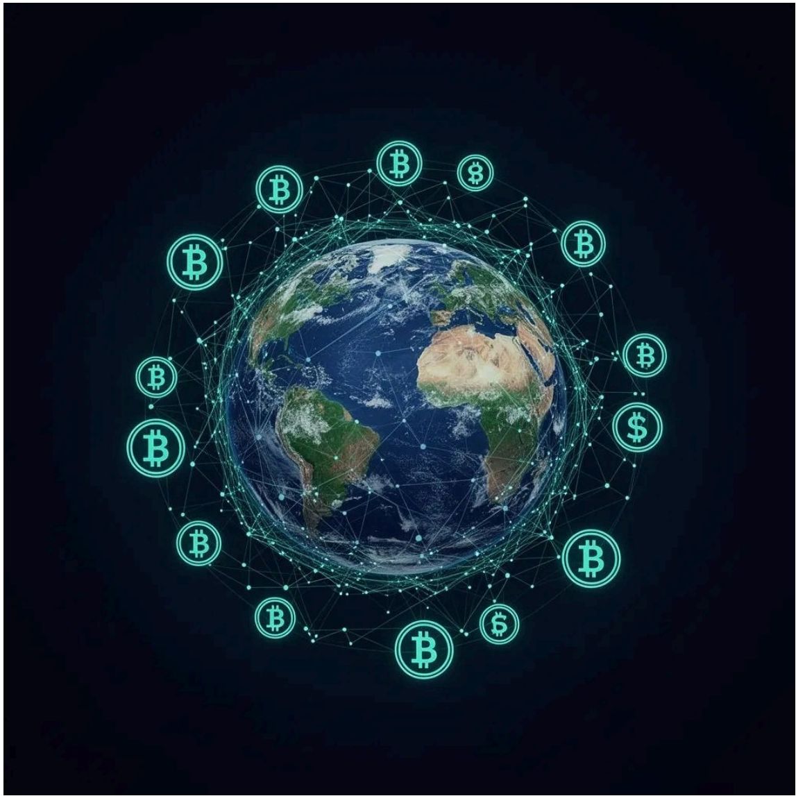 Illustration of the Earth surrounded by Bitcoin and Dollar symbols connected by a network