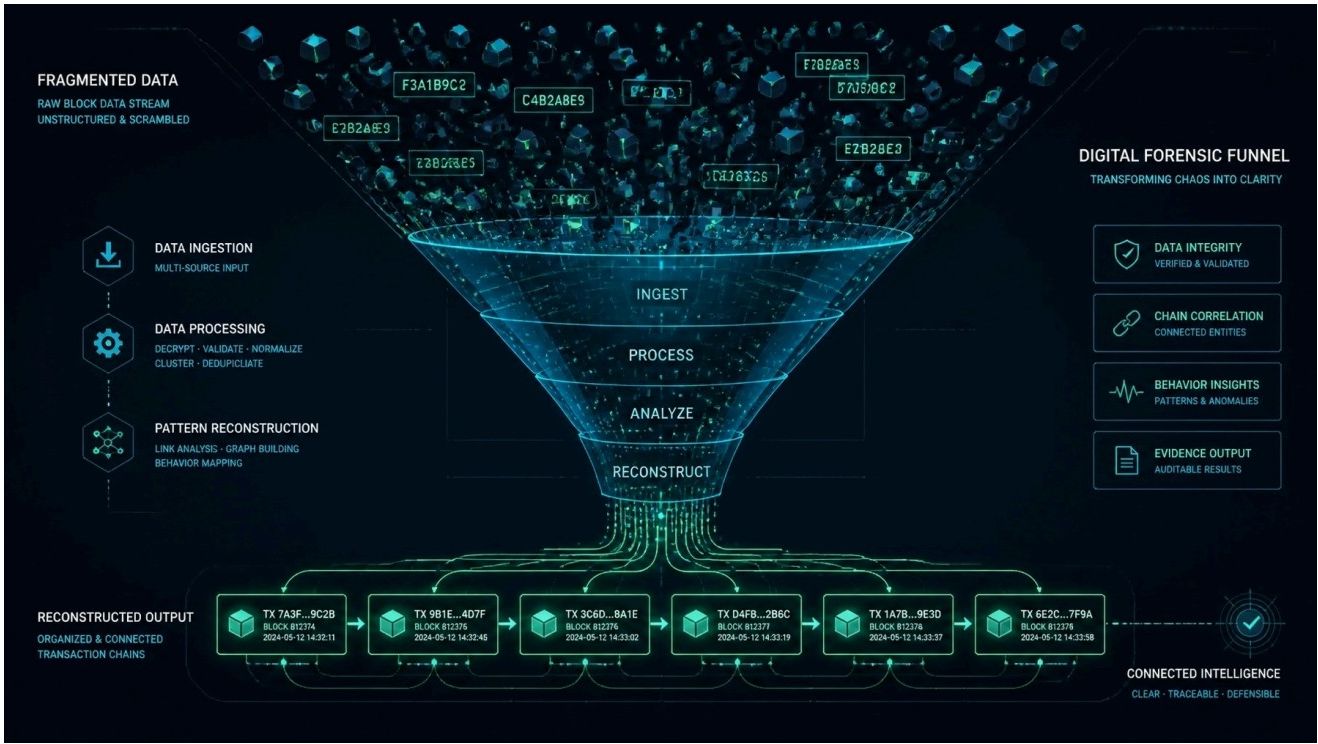 Digital forensic funnel diagram showing data ingestion, processing, pattern reconstruction, and reconstructed output