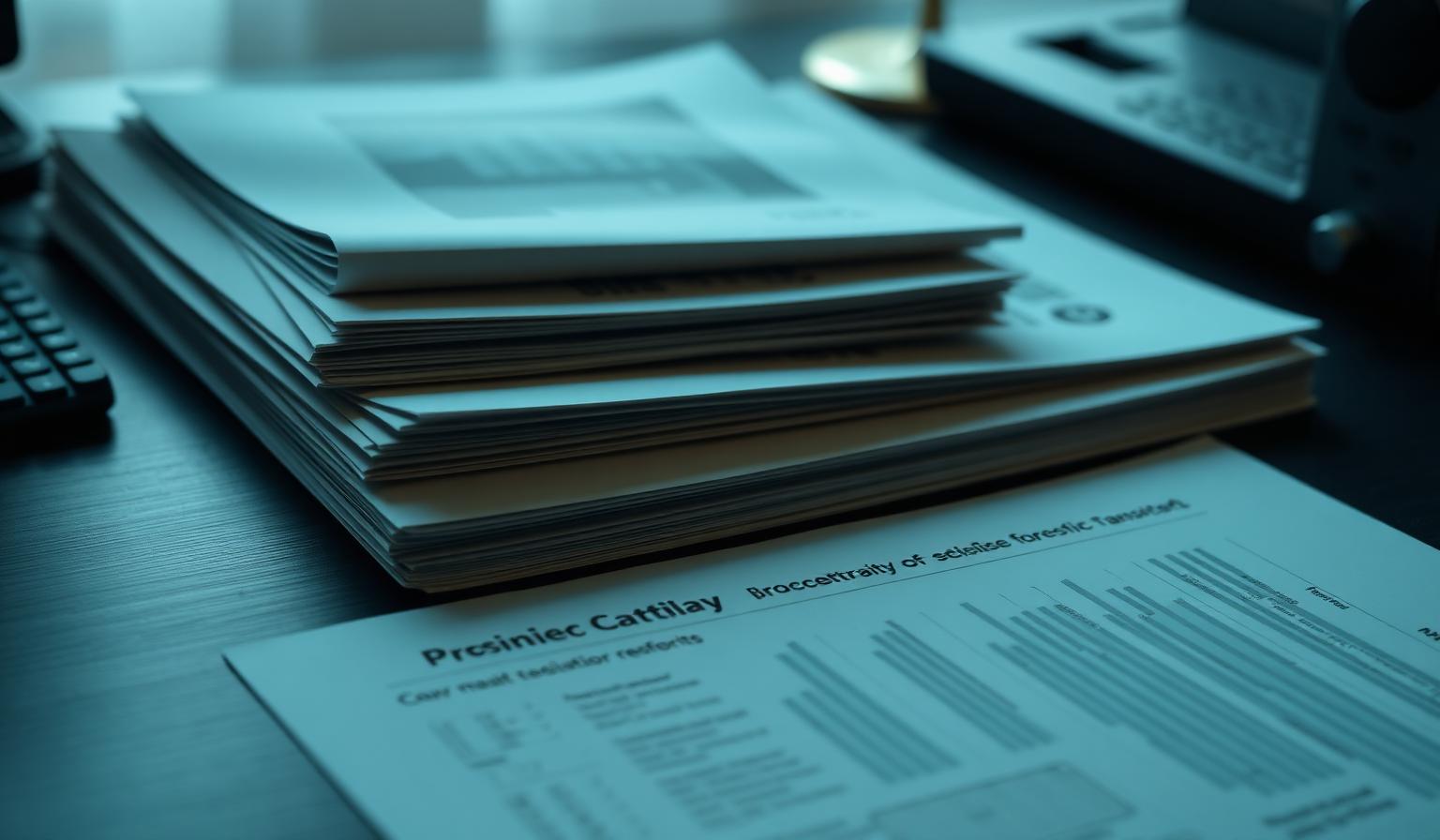 Layered court-ready forensic report on a desk with subtle blockchain graph overlay