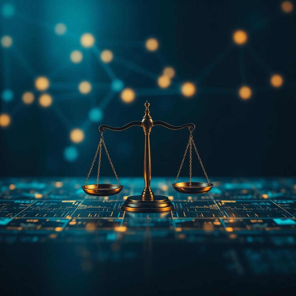 Scales of justice on a digital surface with a background of blockchain nodes and lines