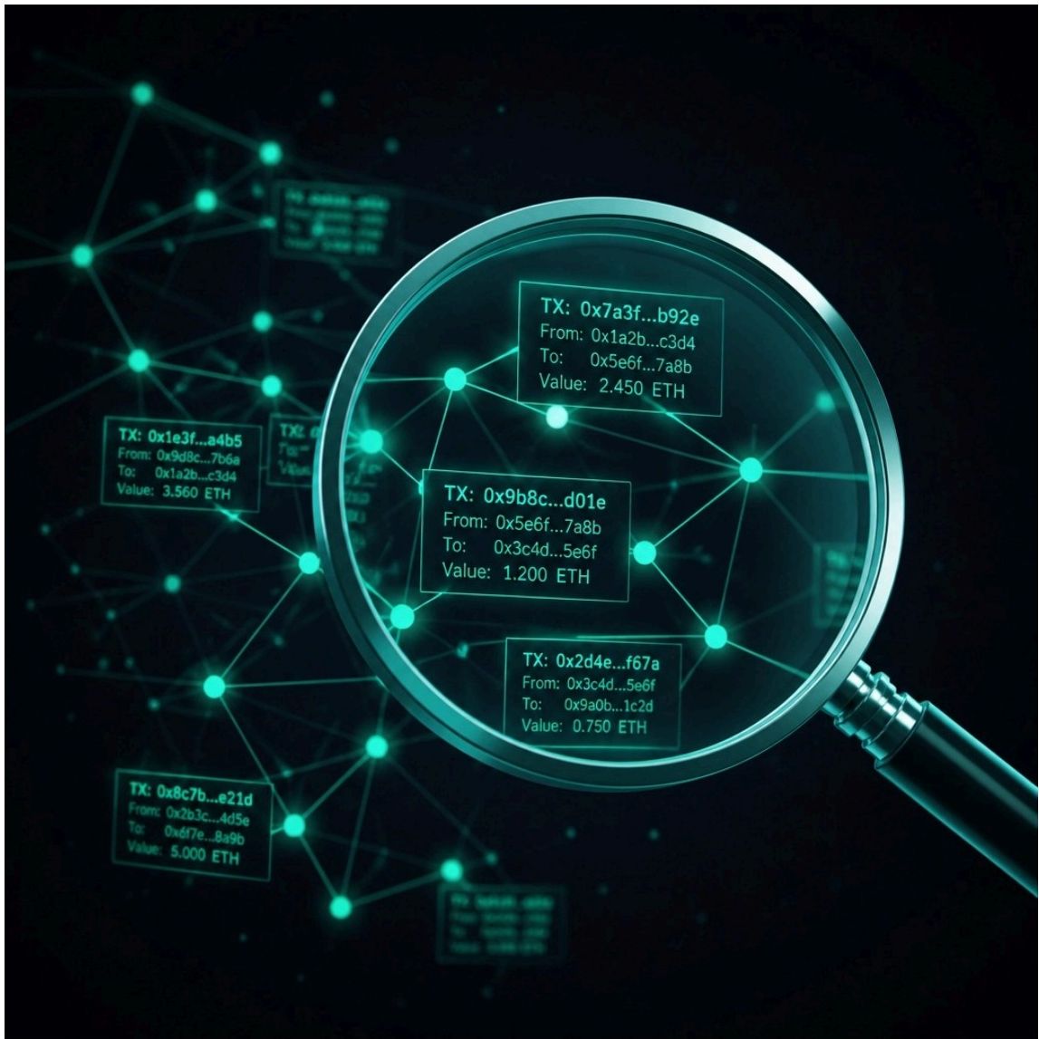 Magnifying glass examining a network of digital nodes representing cryptocurrency transactions