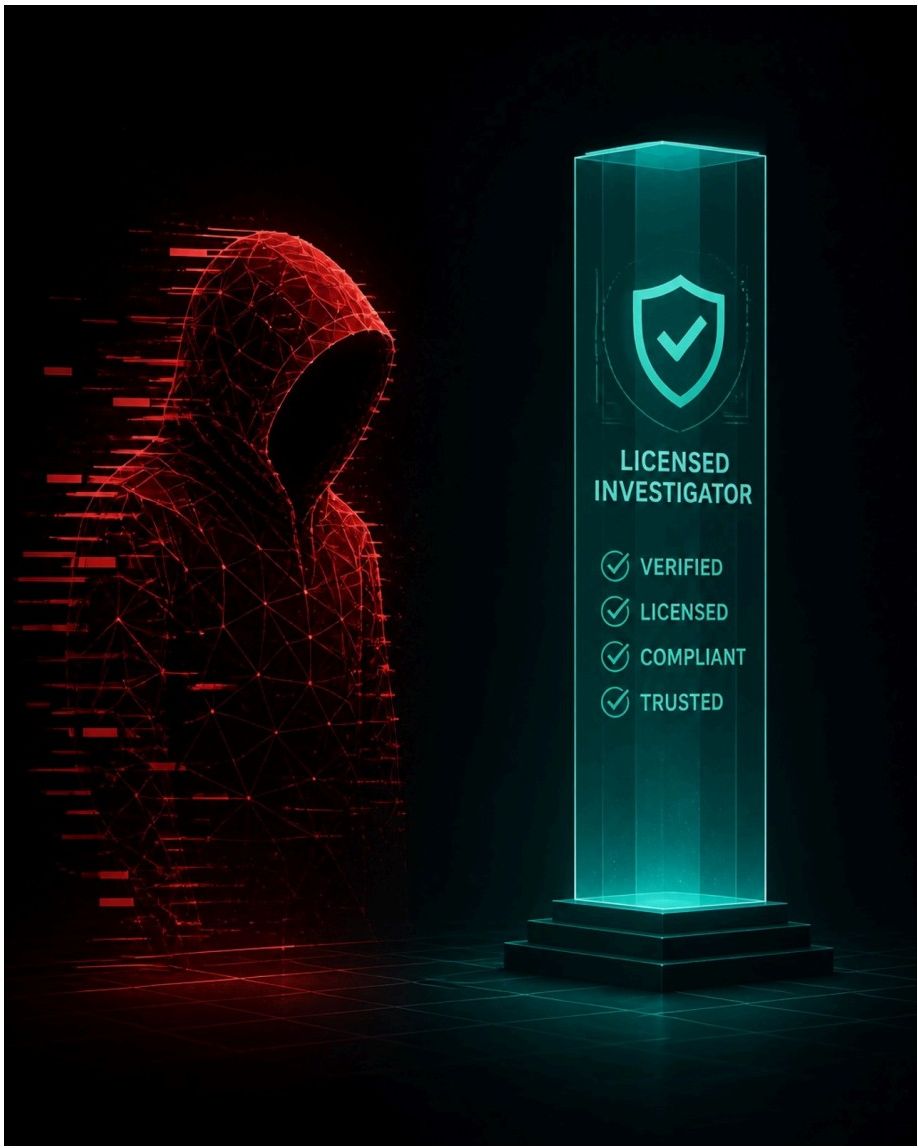 Illustration contrasting a red wireframe hooded hacker with a glowing blue pillar labeled Licensed Investigator