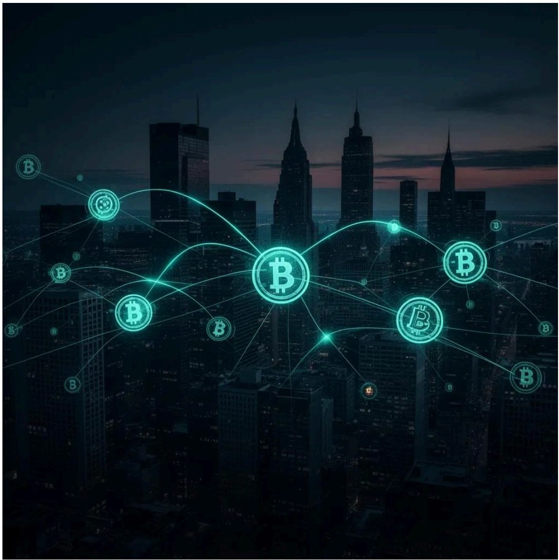 Network of Bitcoin symbols connected by lines over a city skyline at night