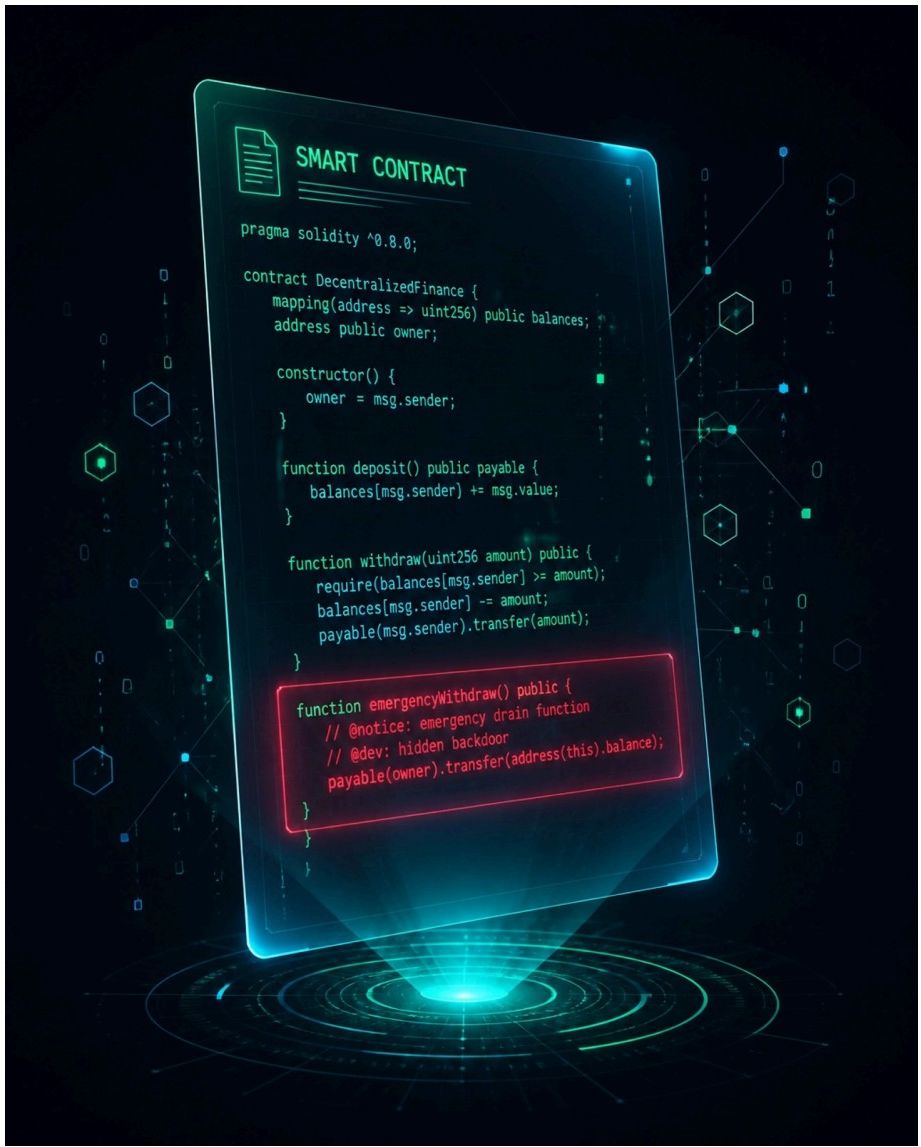 Holographic display showing Solidity code for a smart contract with a malicious function highlighted