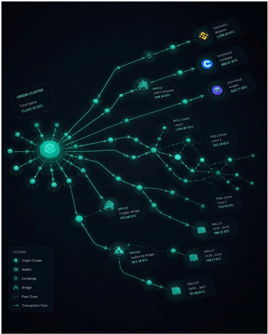 Diagram of an origin cluster moving funds through exchanges, bridges, peel chains, and wallets