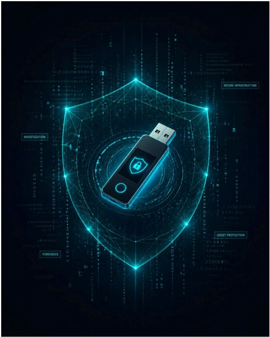 Illustration of a USB drive with a shield icon, surrounded by labels for secure infrastructure, investigation, asset protection, and forensics
