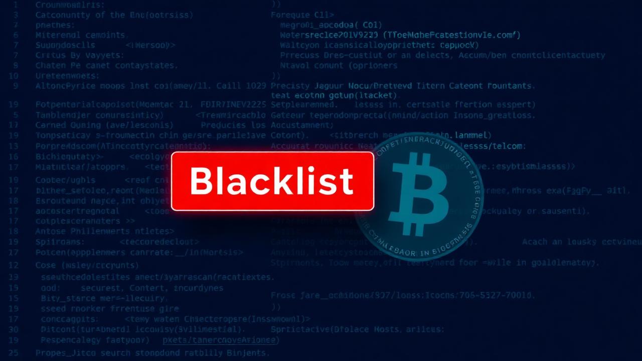 Smart contract source code with a red blacklist banner over a stablecoin token icon