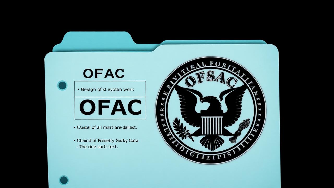 OFAC seal beside an evidentiary chain-of-custody folder with digital overlays
