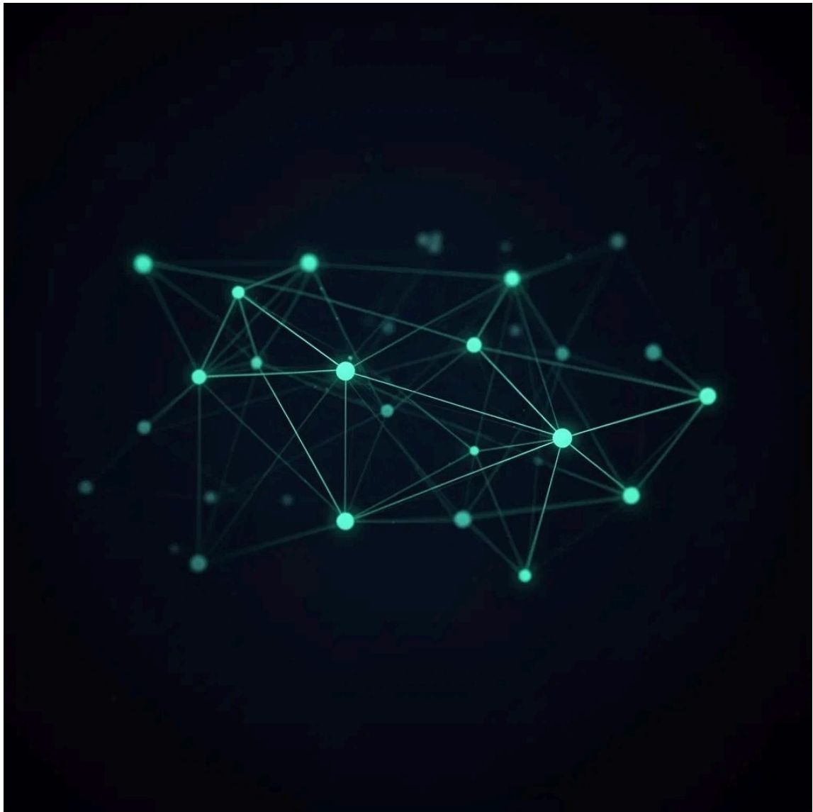 Network diagram showing interconnected nodes with glowing dots against a dark background