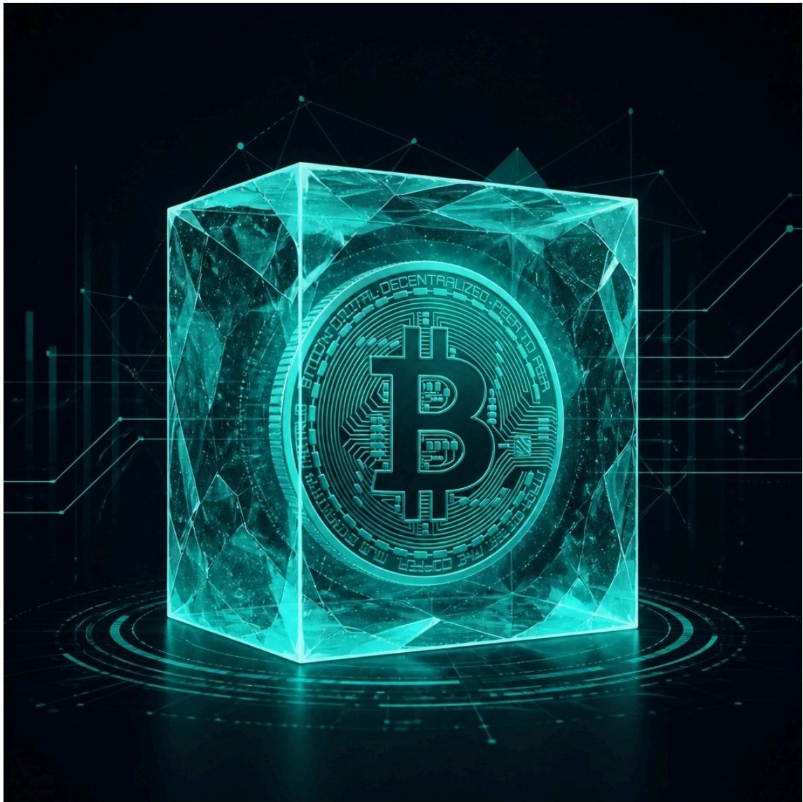 Holographic Bitcoin symbol encased in a glowing blue cube representing asset preservation