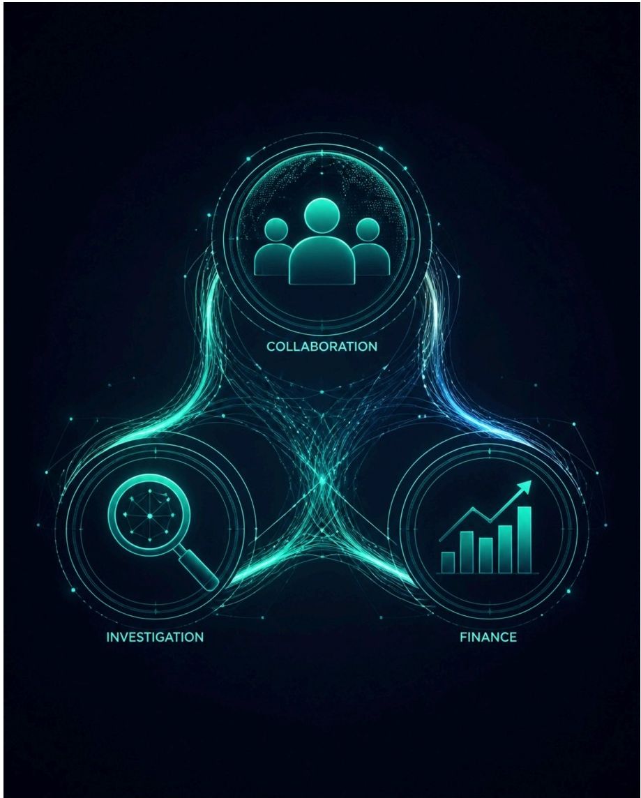 Diagram showing three interconnected circles labeled Collaboration, Investigation, and Finance