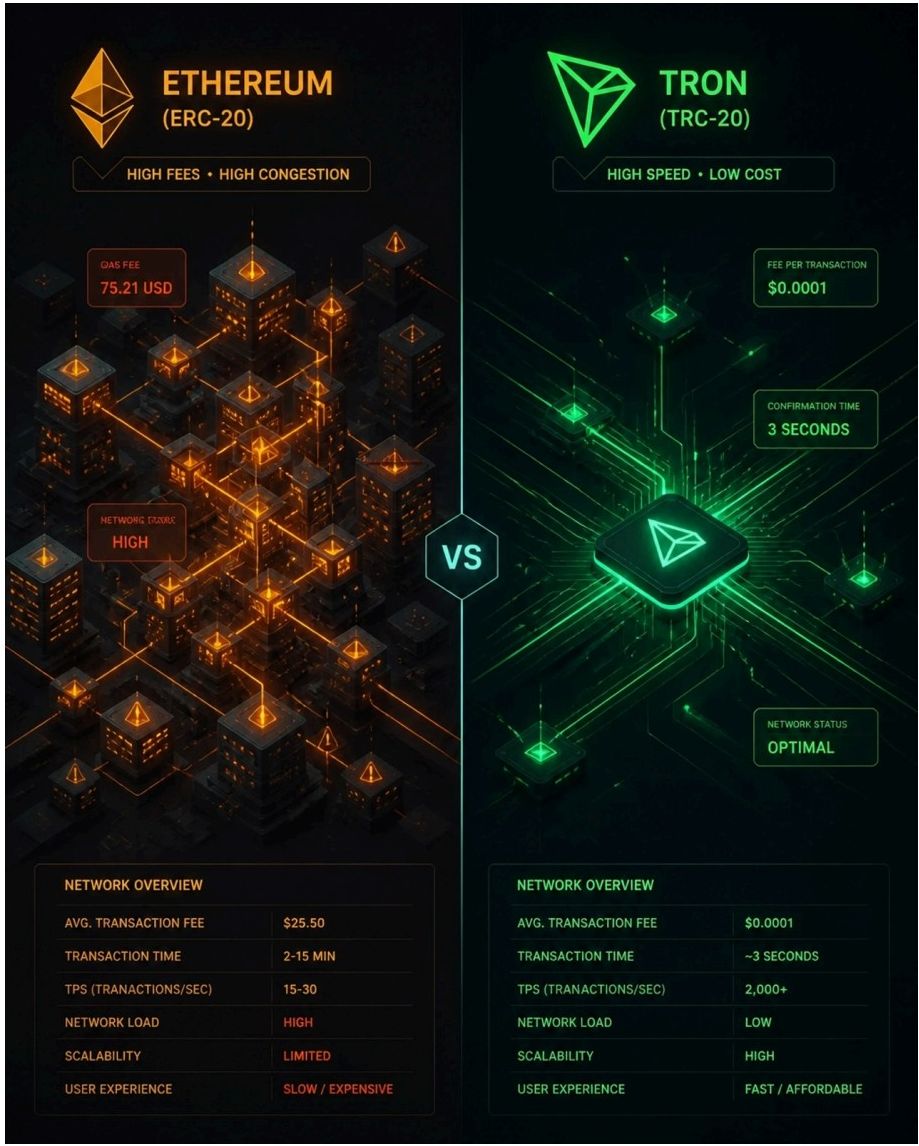 Comparison of Ethereum ERC-20 and TRON TRC-20 networks showing fees, speed, and network status
