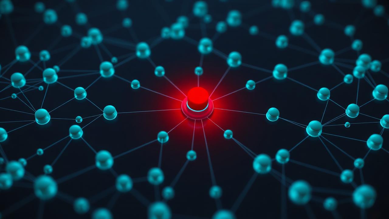 Blockchain network visualization with one red sanctioned node connected to surrounding wallets