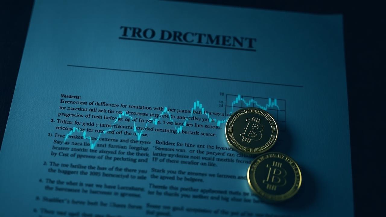 TRO document overlay with a blockchain transaction chart and stablecoin coins
