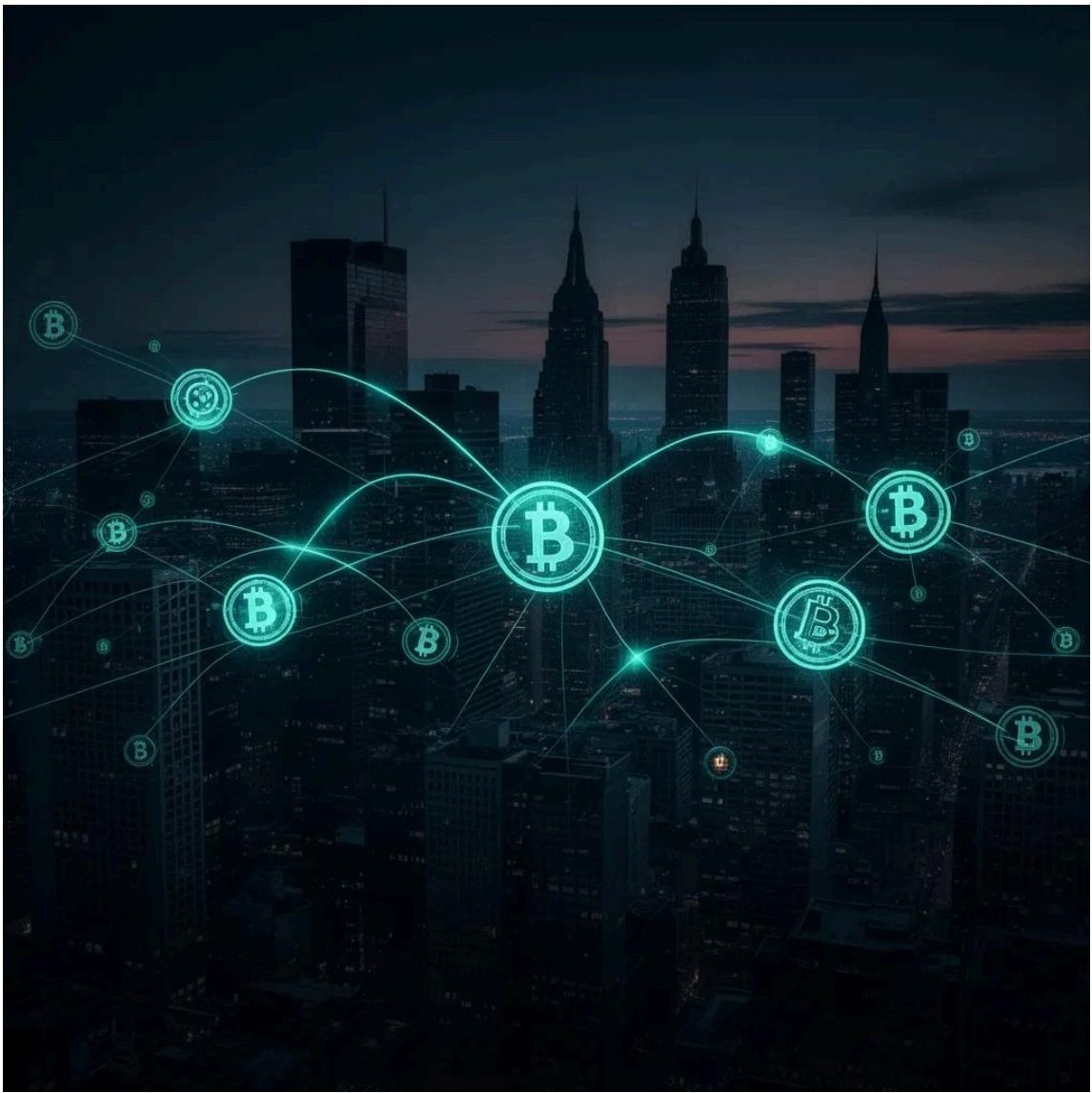 Network of glowing Bitcoin symbols connecting nodes over a city skyline at dusk