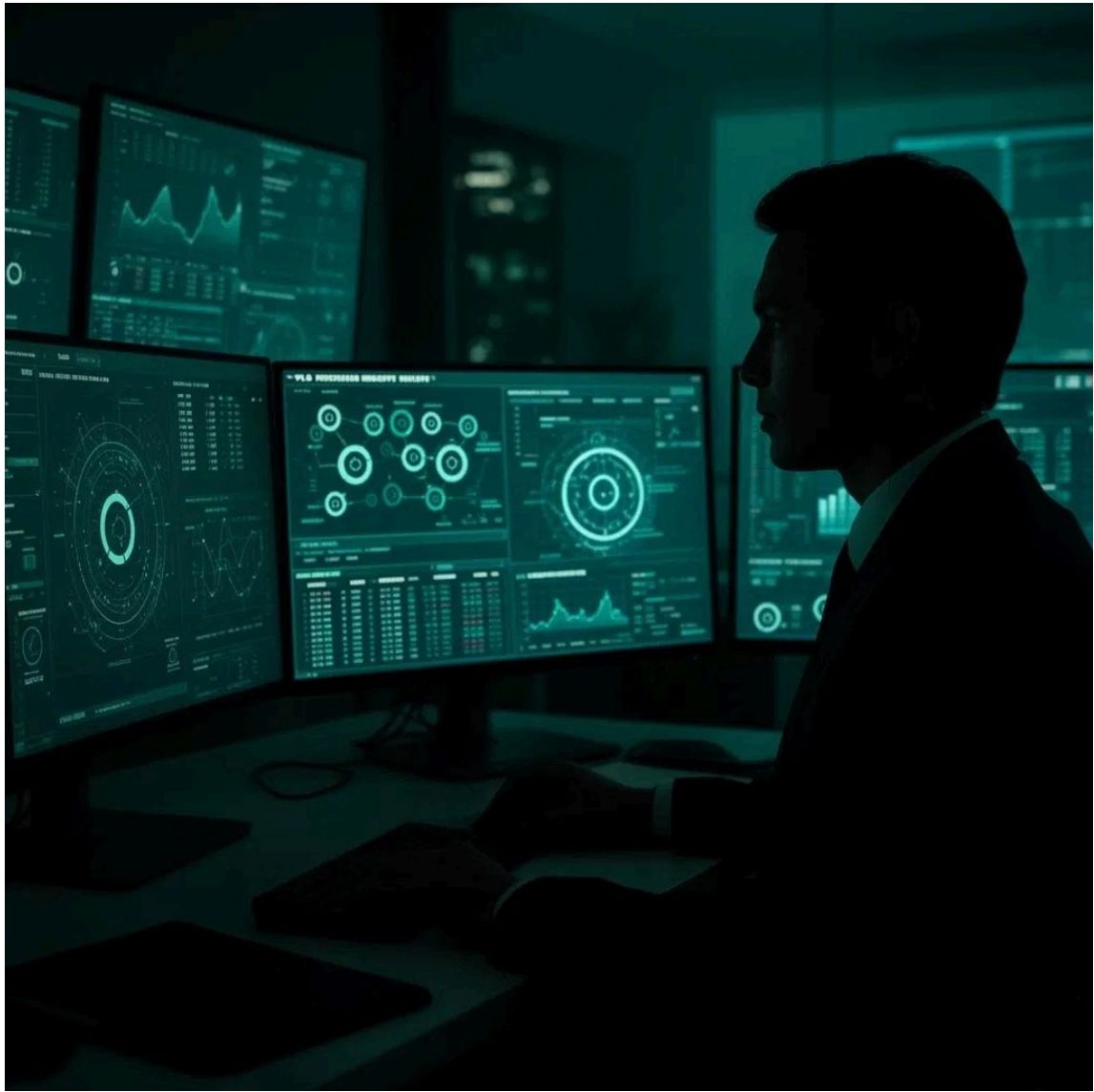 Investigator workstation with multiple monitors displaying blockchain data visualizations